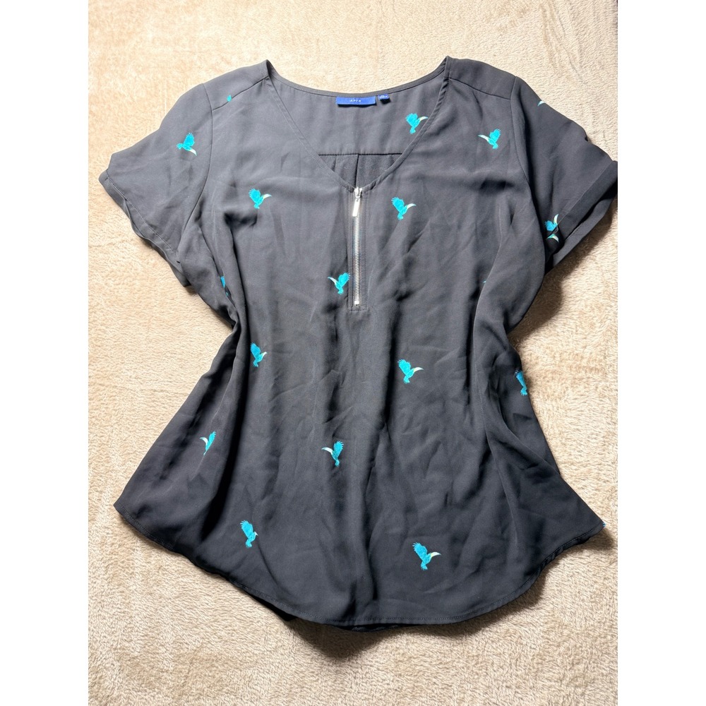 Apt. 9 Womens XL Black Turquoise Bird Print Short Sleeve Top y2K Office